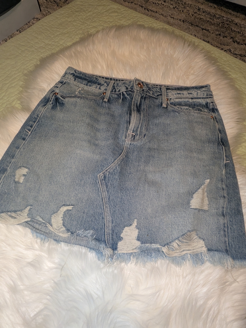 Good American Light Blue Distressed Denim Mini Skirt